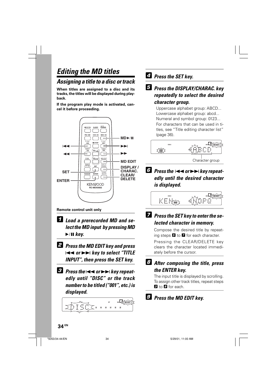 Editing the md titles, Assigning a title to a disc or track, Press the set key | After composing the title, press the enter key, Press the md edit key | Kenwood MDX-G1 User Manual | Page 34 / 64