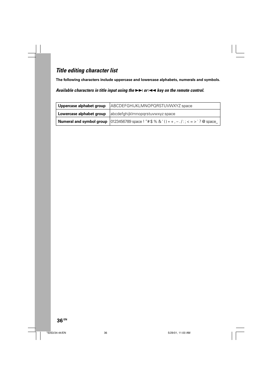 Title editing character list | Kenwood MDX-G1 User Manual | Page 36 / 64