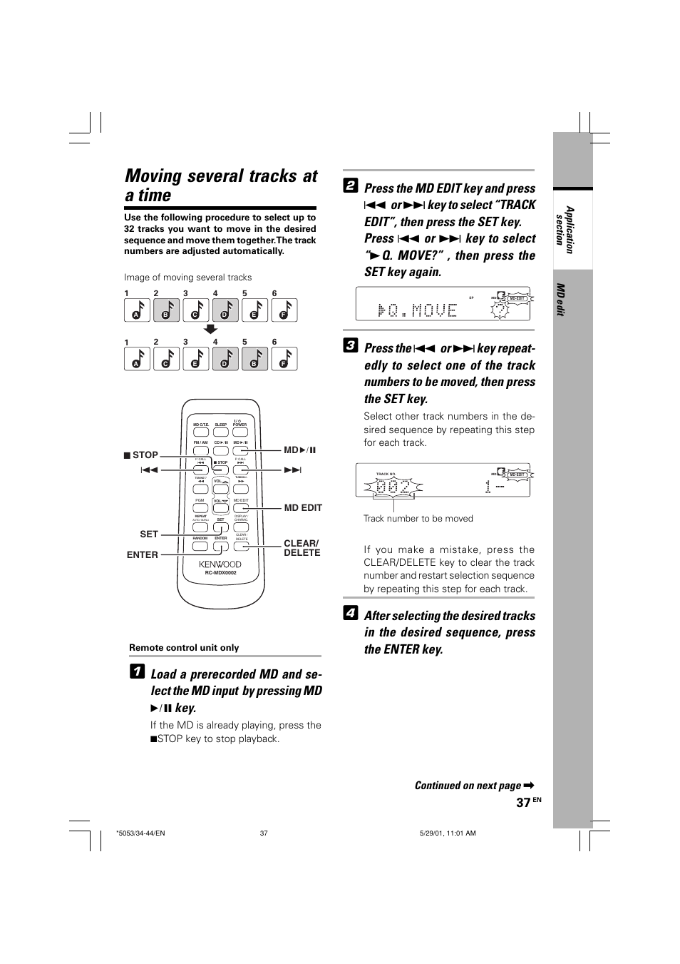 Moving several tracks at a time, Continued on next page, Track number to be moved | Enter set, Clear/ delete md edit 7 stop | Kenwood MDX-G1 User Manual | Page 37 / 64