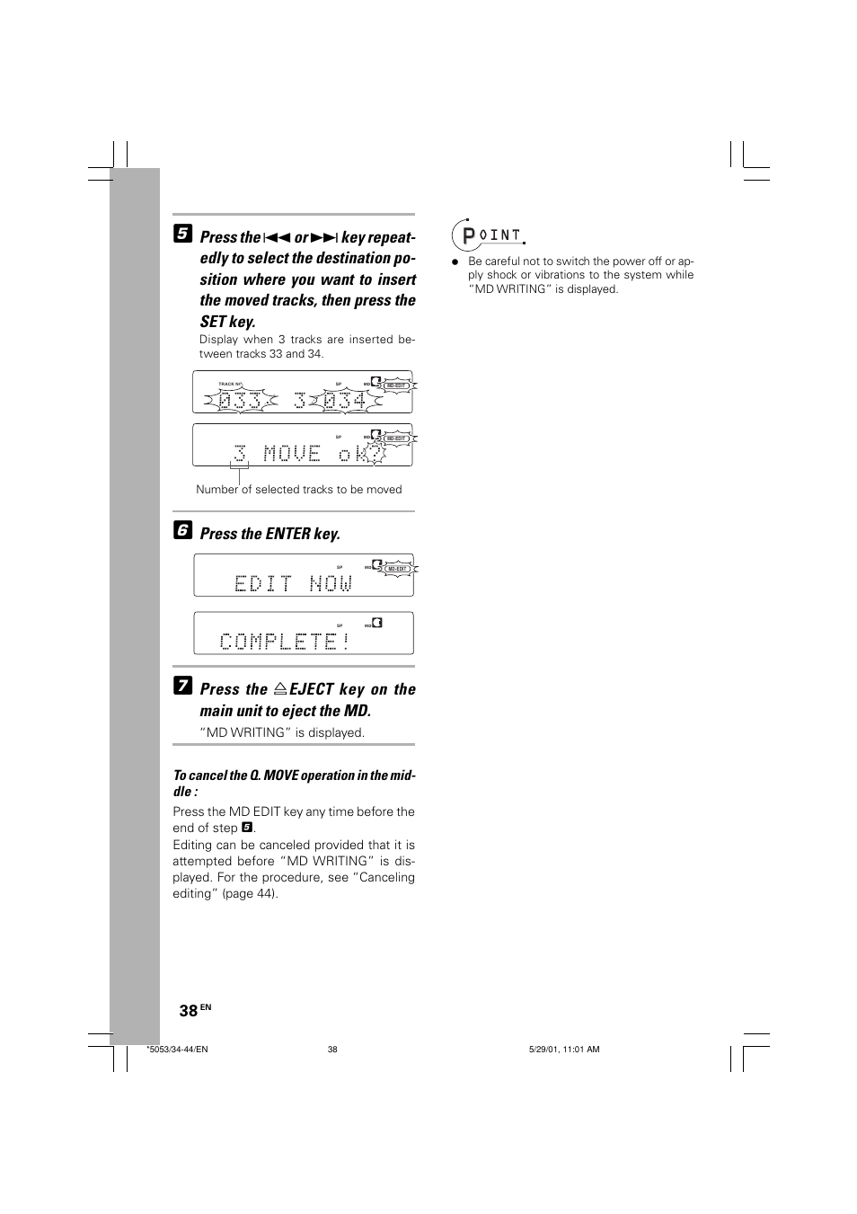 Press the enter key, Md writing” is displayed, Number of selected tracks to be moved | Kenwood MDX-G1 User Manual | Page 38 / 64