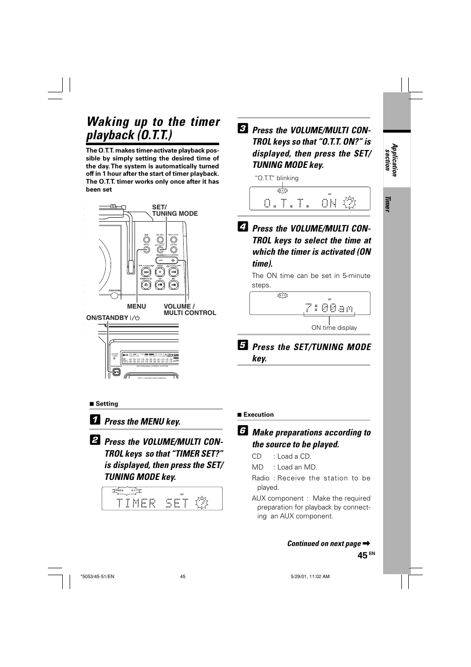 Waking up to the timer playback(o.o.t.), Waking up to the timer playback (o.t.t.), Press the set/tuning mode key | Press the menu key, Continued on next page, Timer, The on time can be set in 5-minute steps, 7 execution, 7 setting, On time display | Kenwood MDX-G1 User Manual | Page 45 / 64