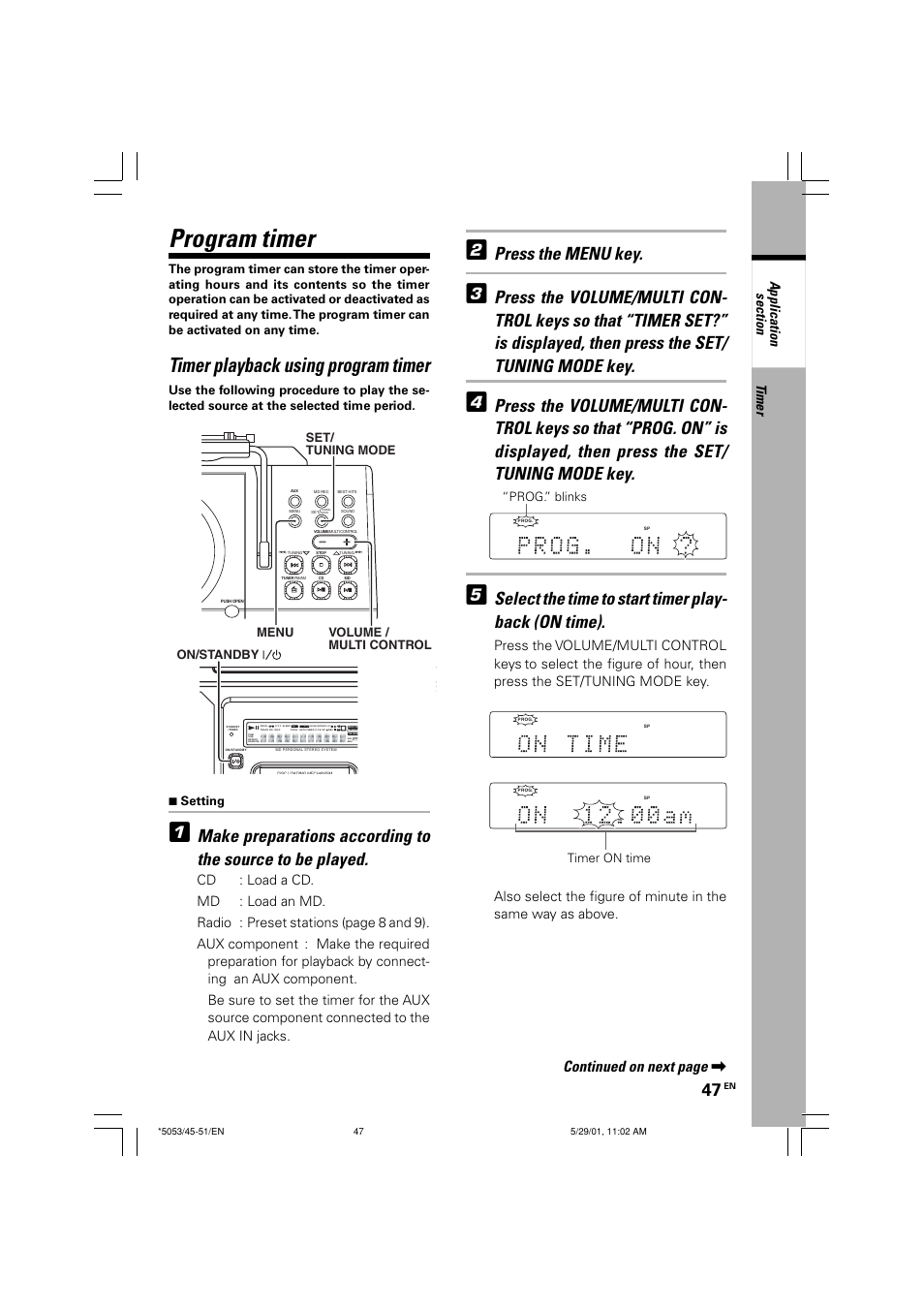 Program timer, Timer playback using program timer, Press the menu key | Continued on next page, Timer, Press the volume/multi control keys, 7 setting | Kenwood MDX-G1 User Manual | Page 47 / 64