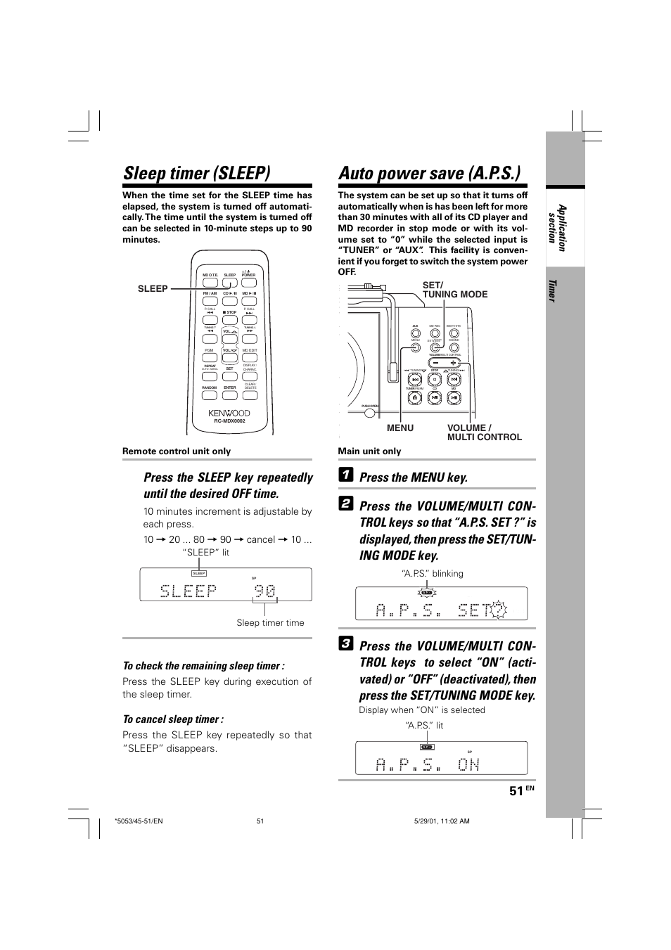 Sleep timer (sleep), Auto power save (a.p.s.), Press the menu key | Press the volume/multi con- trol keys, Timer, Main unit only, Menu volume / multi control set/ tuning mode, Sleep, A.p.s.” blinking, A.p.s.” lit | Kenwood MDX-G1 User Manual | Page 51 / 64