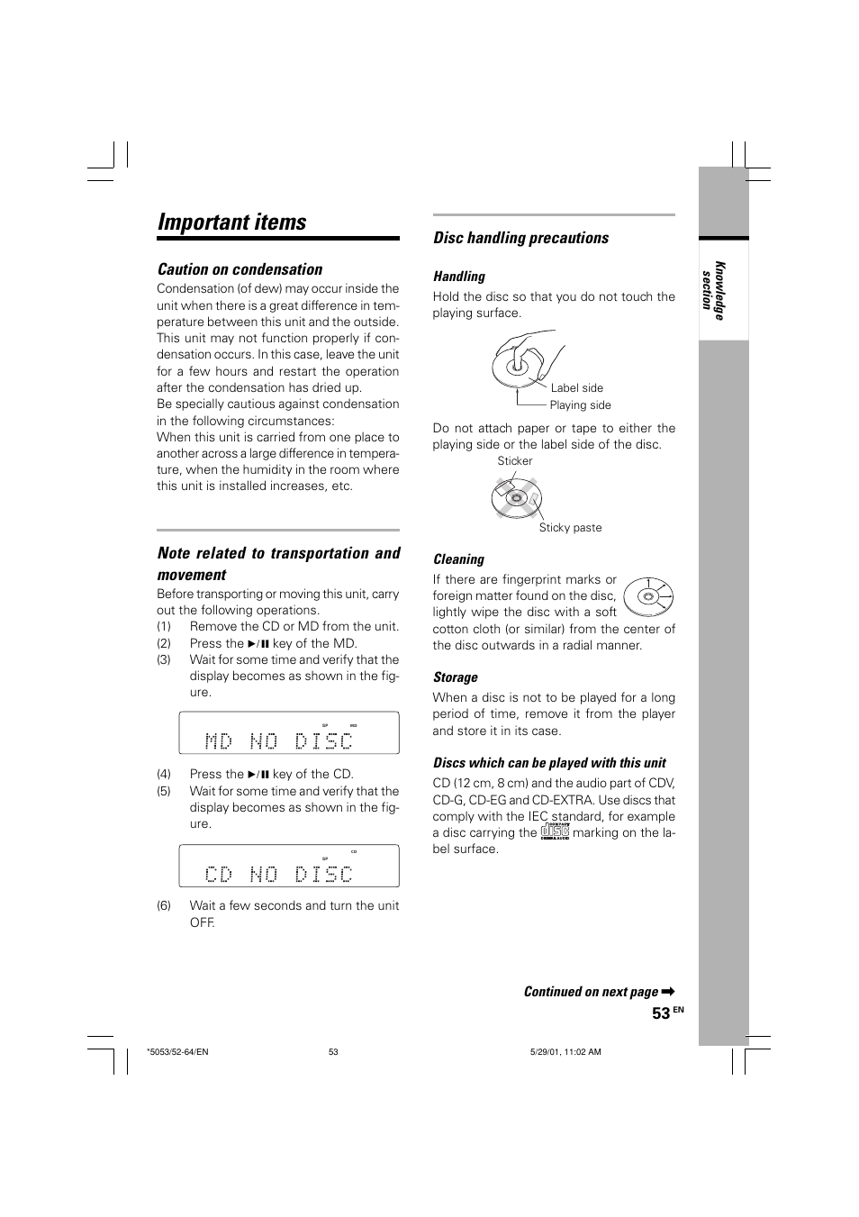 Important items, Caution on condensation, Disc handling precautions | Handling, Cleaning, Storage, Discs which can be played with this unit, Continued on next page | Kenwood MDX-G1 User Manual | Page 53 / 64