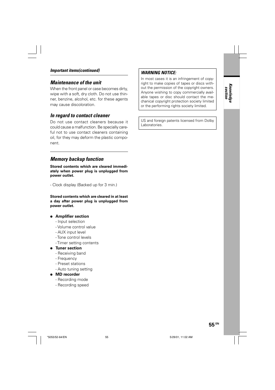 Maintenance of the unit | Kenwood MDX-G1 User Manual | Page 55 / 64