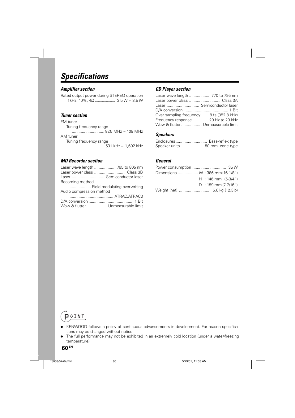 Specifications | Kenwood MDX-G1 User Manual | Page 60 / 64