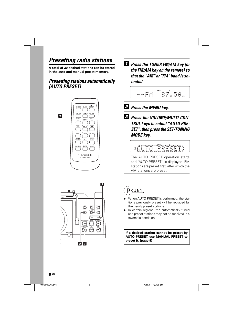 Presetting radio stations, Presetting stations automatically, Presetting stations automatically (auto preset) | Press the menu key | Kenwood MDX-G1 User Manual | Page 8 / 64