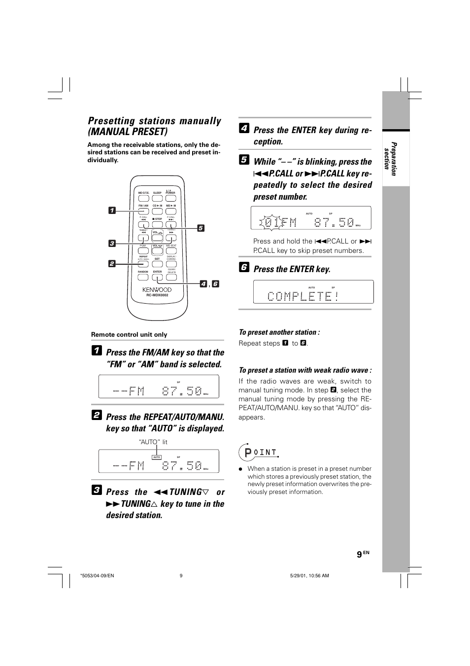 Presetting stations manually, Presetting stations manually (manual preset), Press the enter key during re- ception | Press the enter key, Repeat steps 1 to 6 | Kenwood MDX-G1 User Manual | Page 9 / 64