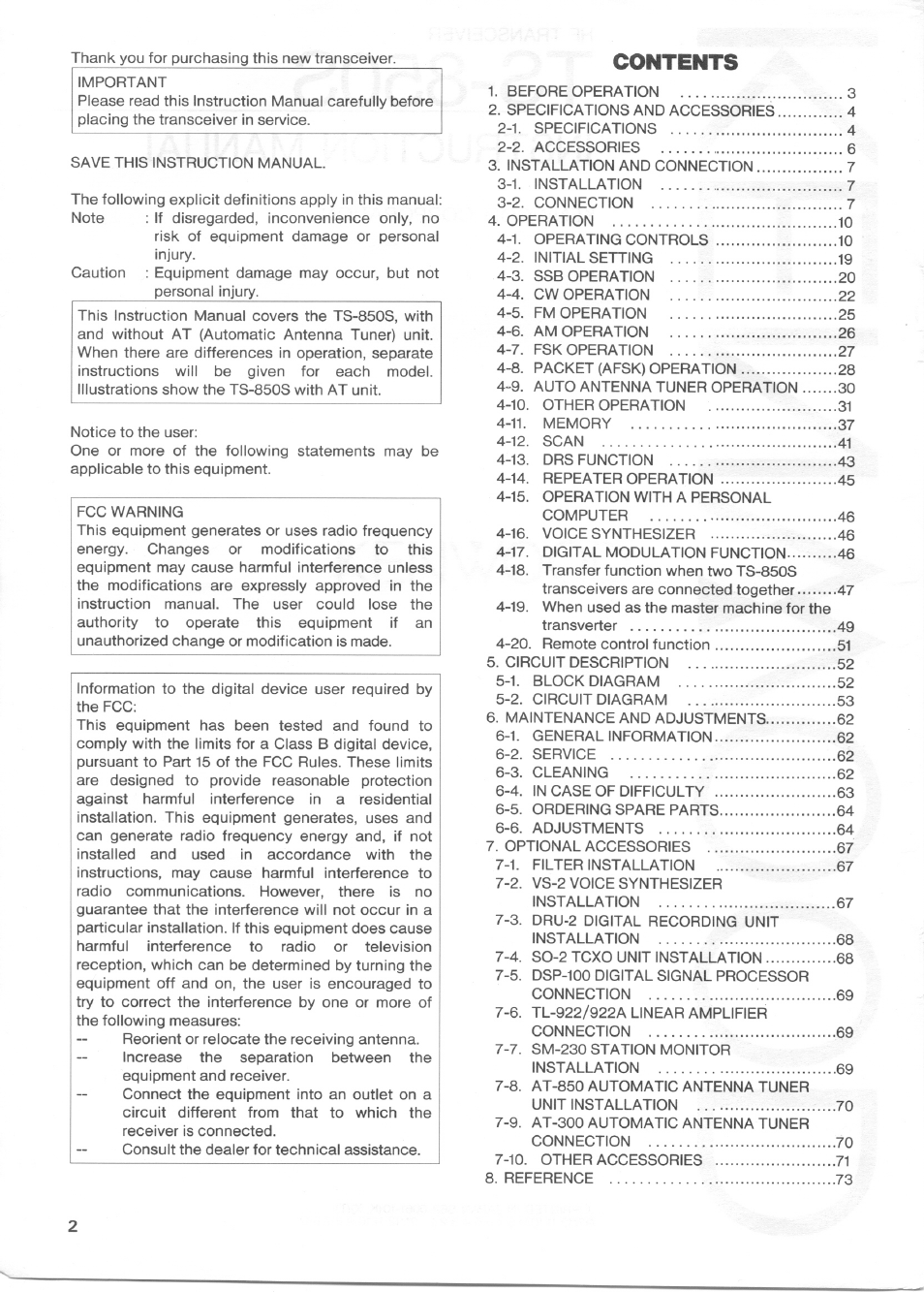 Kenwood TS-850S User Manual | Page 2 / 85