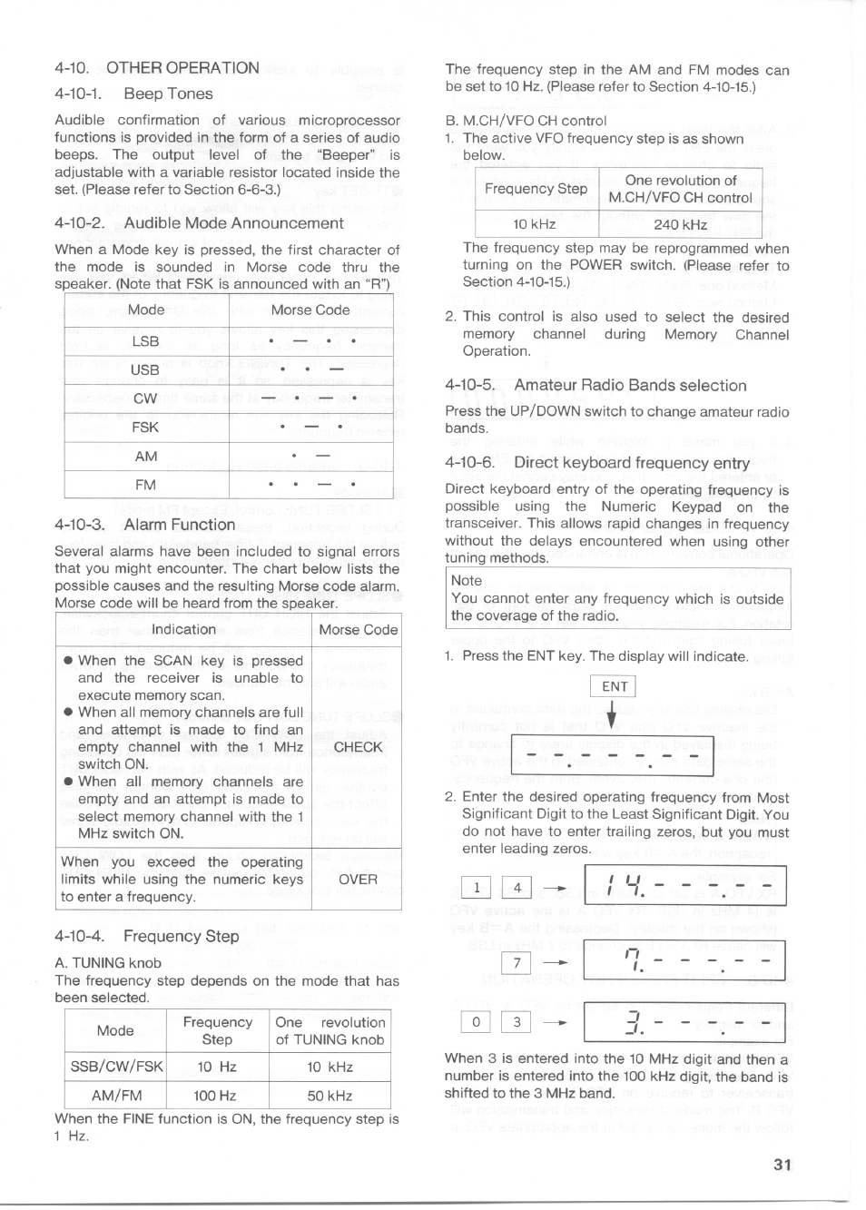 10. other operation 4-10-1. beep t ones, 10-2. audible mode announcement, 10-3. alarm function | 10-5. amateur radio bands selection, 10-6. direct keyboard frequency entry, 13. drs function | Kenwood TS-850S User Manual | Page 37 / 85