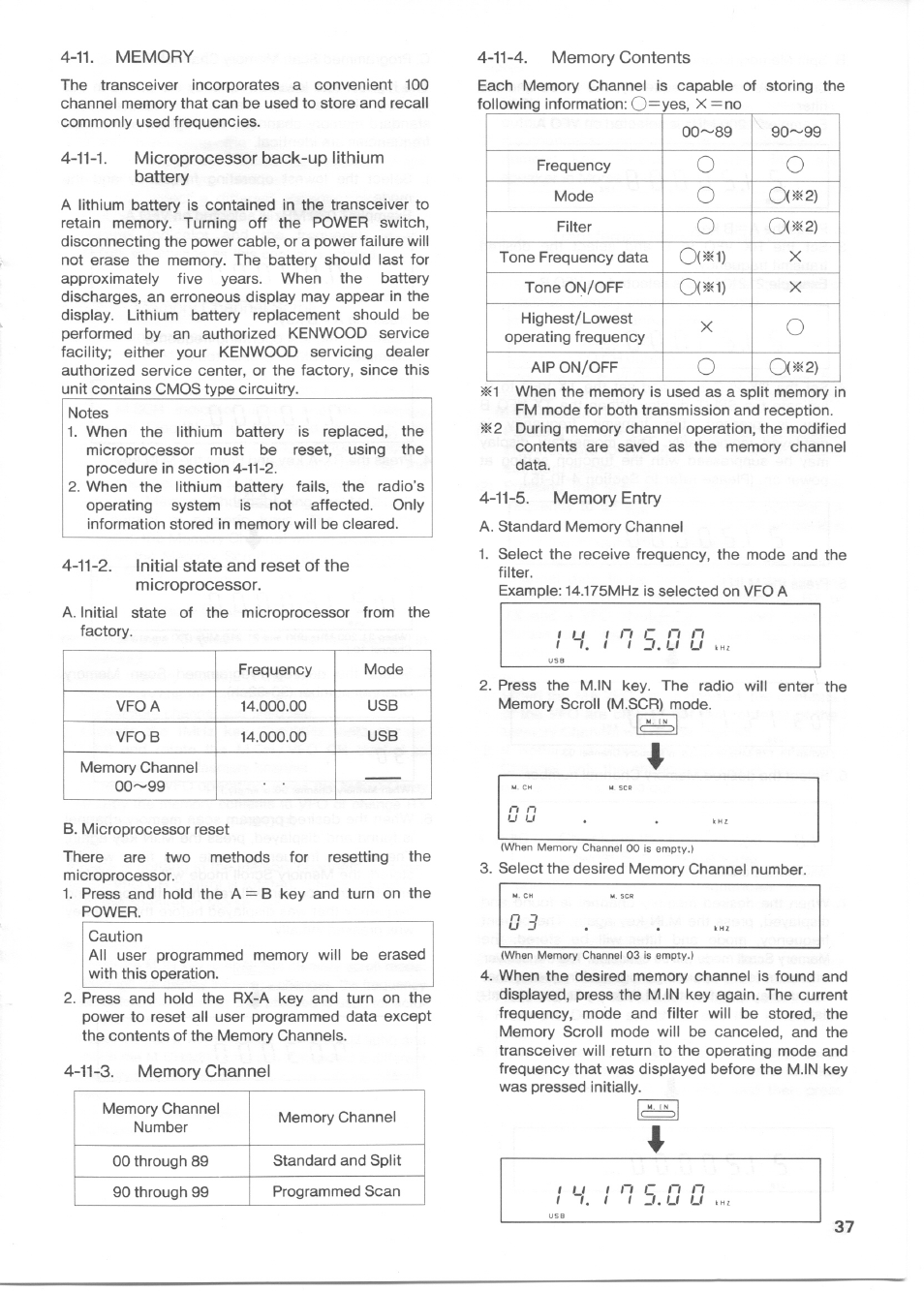 11. memory, 11-1. microprocessor back-up lithium battery, 11-3. memory channel | 11-4. memory contents, 11-5. memory entry | Kenwood TS-850S User Manual | Page 43 / 85