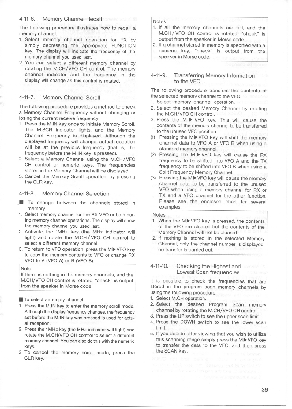 11-6. memory channel recall, 11-7. memory channel scroll, 11-8. memory channel selection | 11-9. transferring memory information to the vfo | Kenwood TS-850S User Manual | Page 45 / 85