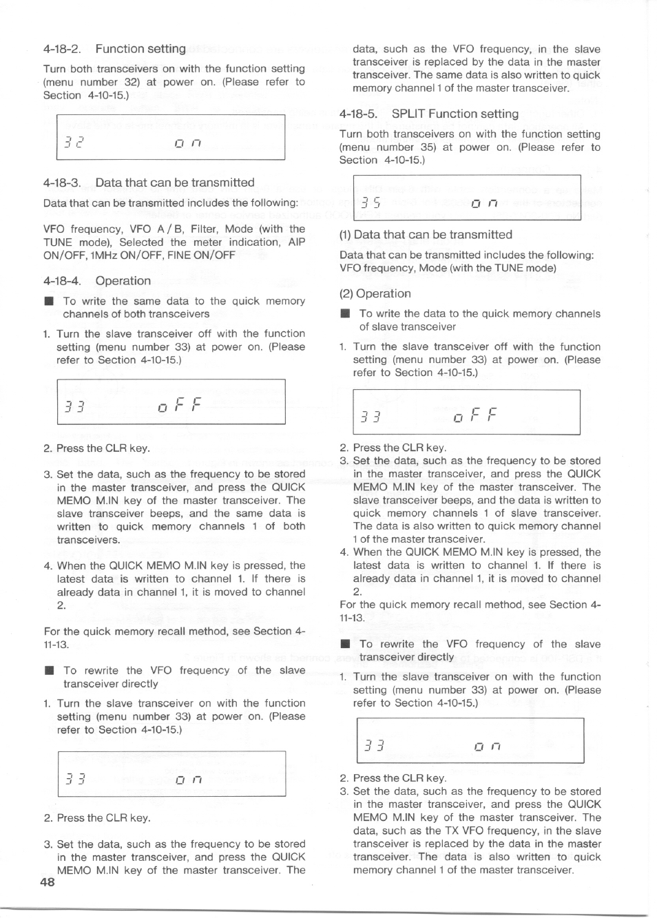 18-2. function setting, 18-3. data that can be transmitted, 18-4. operation | 18-5. split function setting, 1) data that can be transmitted, 2) operation, 4. cw operation | Kenwood TS-850S User Manual | Page 54 / 85