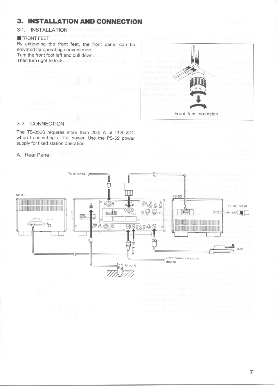 Installation and connection, 1. installation, 2. connection | A. rear panel, 1. installation 3- 2. connection | Kenwood TS-850S User Manual | Page 7 / 85