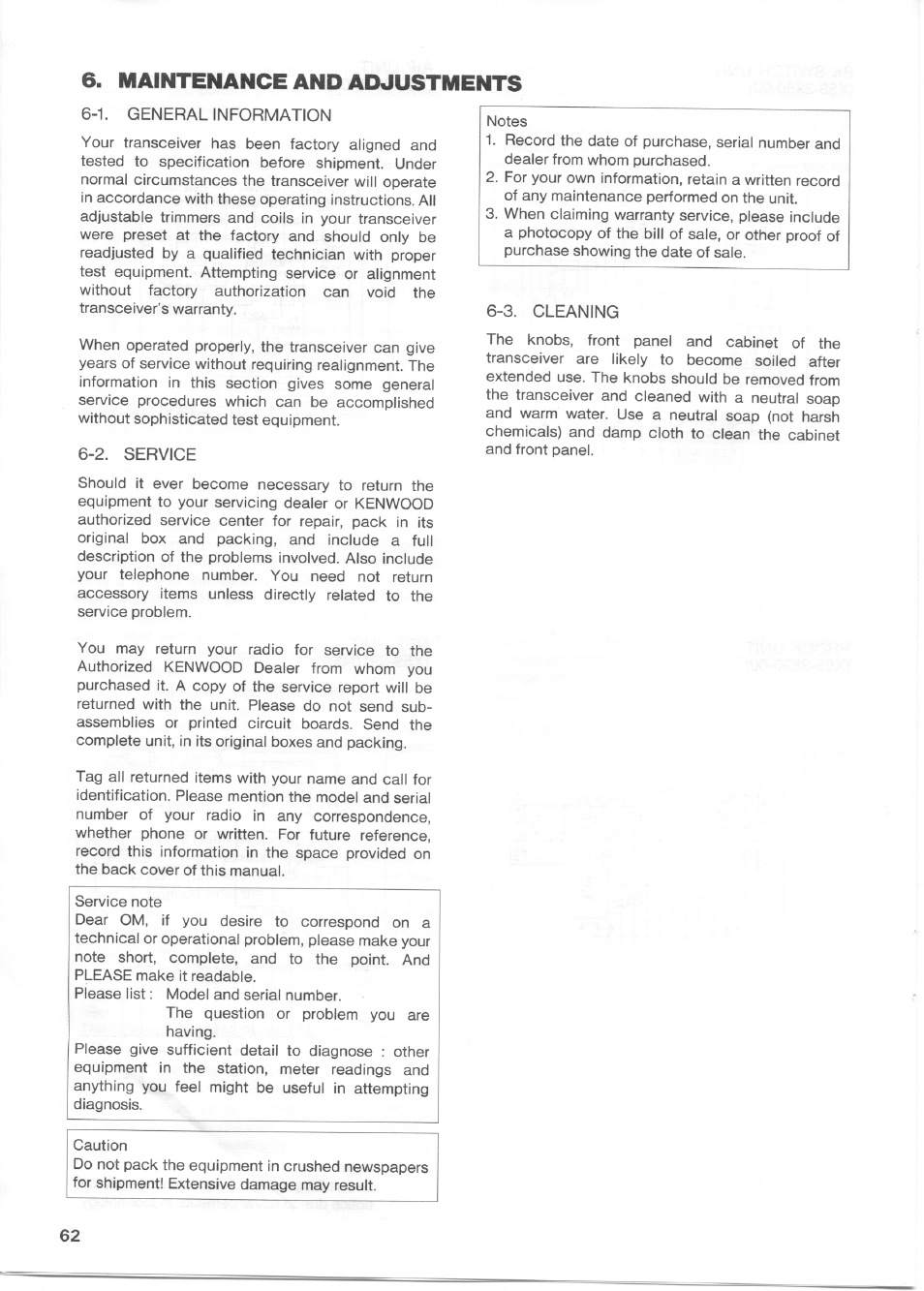 Maintenance and adjustments, 1. general information, 2. service | 3. cleaning, 1. general information 6-2. service 6-3. cleaning | Kenwood TS-850S User Manual | Page 72 / 85