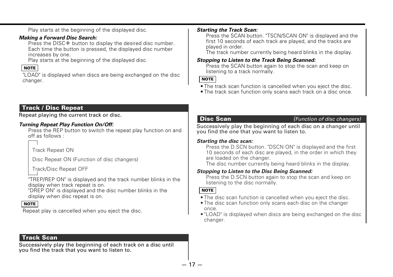 Track / disc repeat, Track scan, Disc scan | Kenwood KRC-178RG User Manual | Page 17 / 32