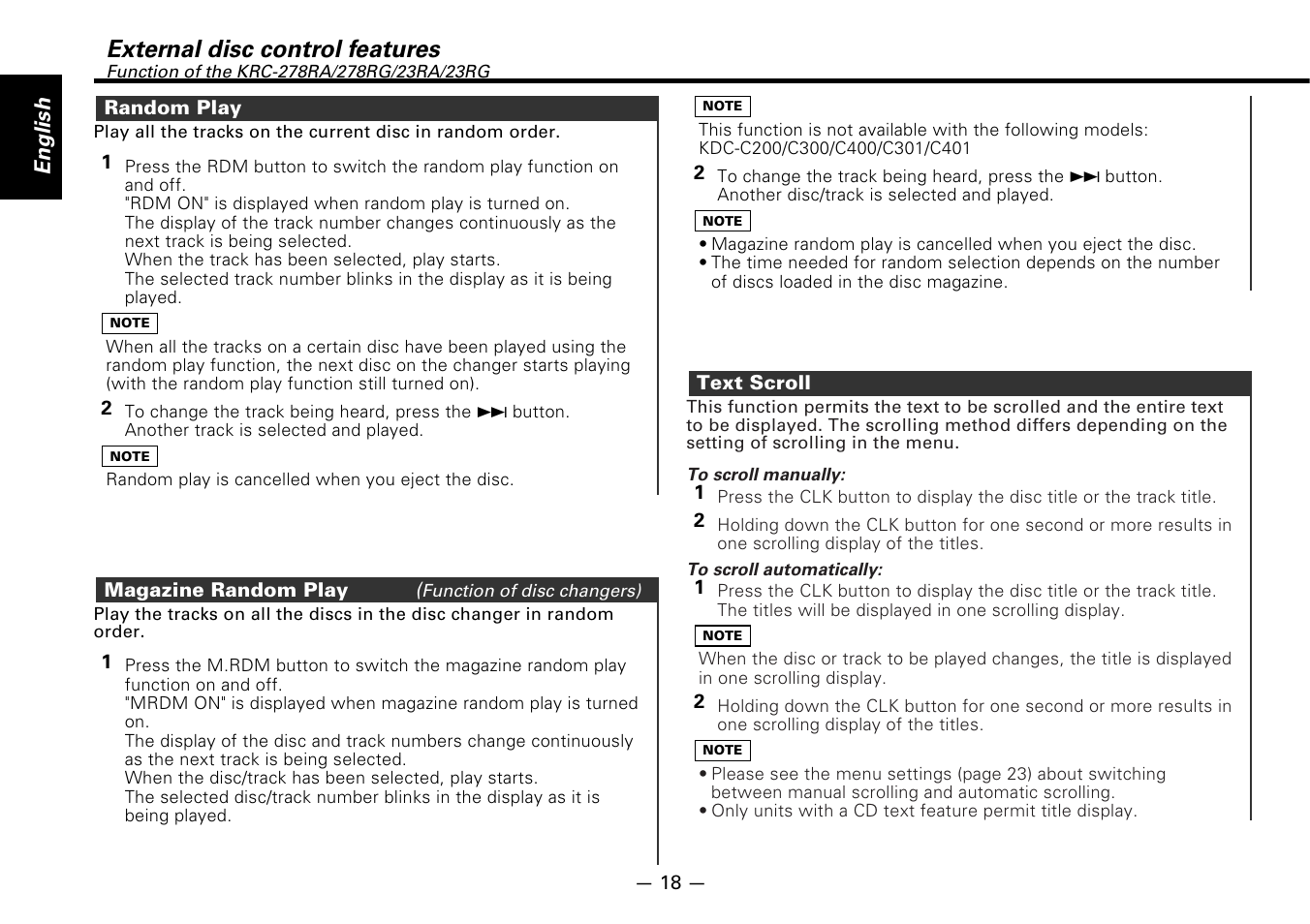 Random play, Magazine random play, Text scroll | External disc control features, English | Kenwood KRC-178RG User Manual | Page 18 / 32