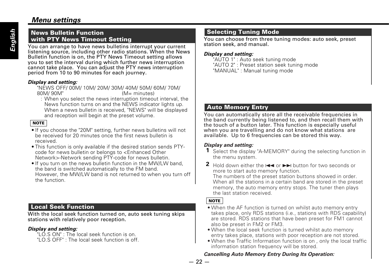 Local seek function, Selecting tuning mode, Auto memory entry | Menu settings, English | Kenwood KRC-178RG User Manual | Page 22 / 32