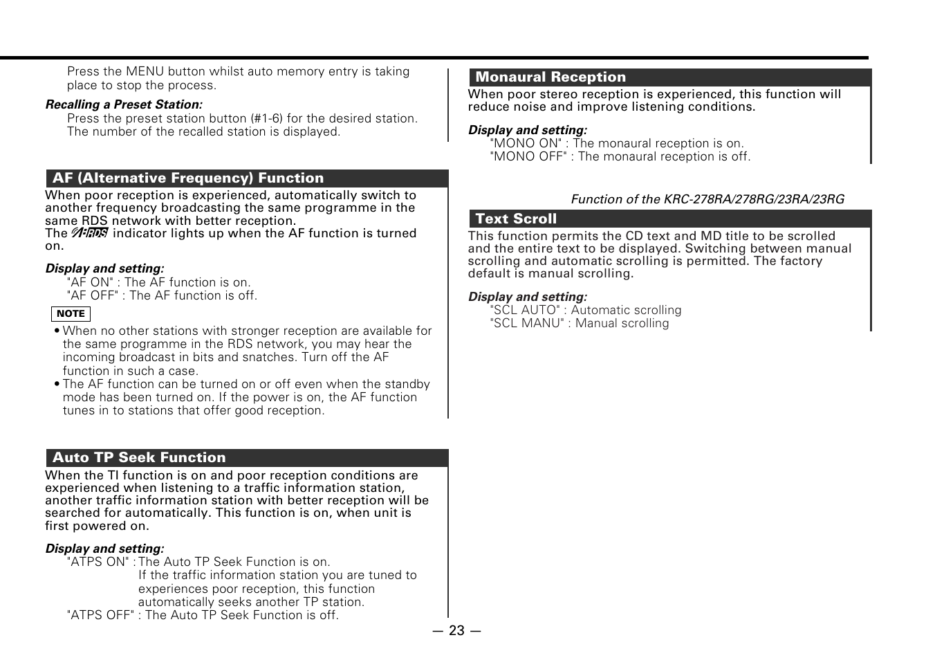 Af (alternative frequency) function, Auto tp seek function, Monaural reception | Text scroll | Kenwood KRC-178RG User Manual | Page 23 / 32