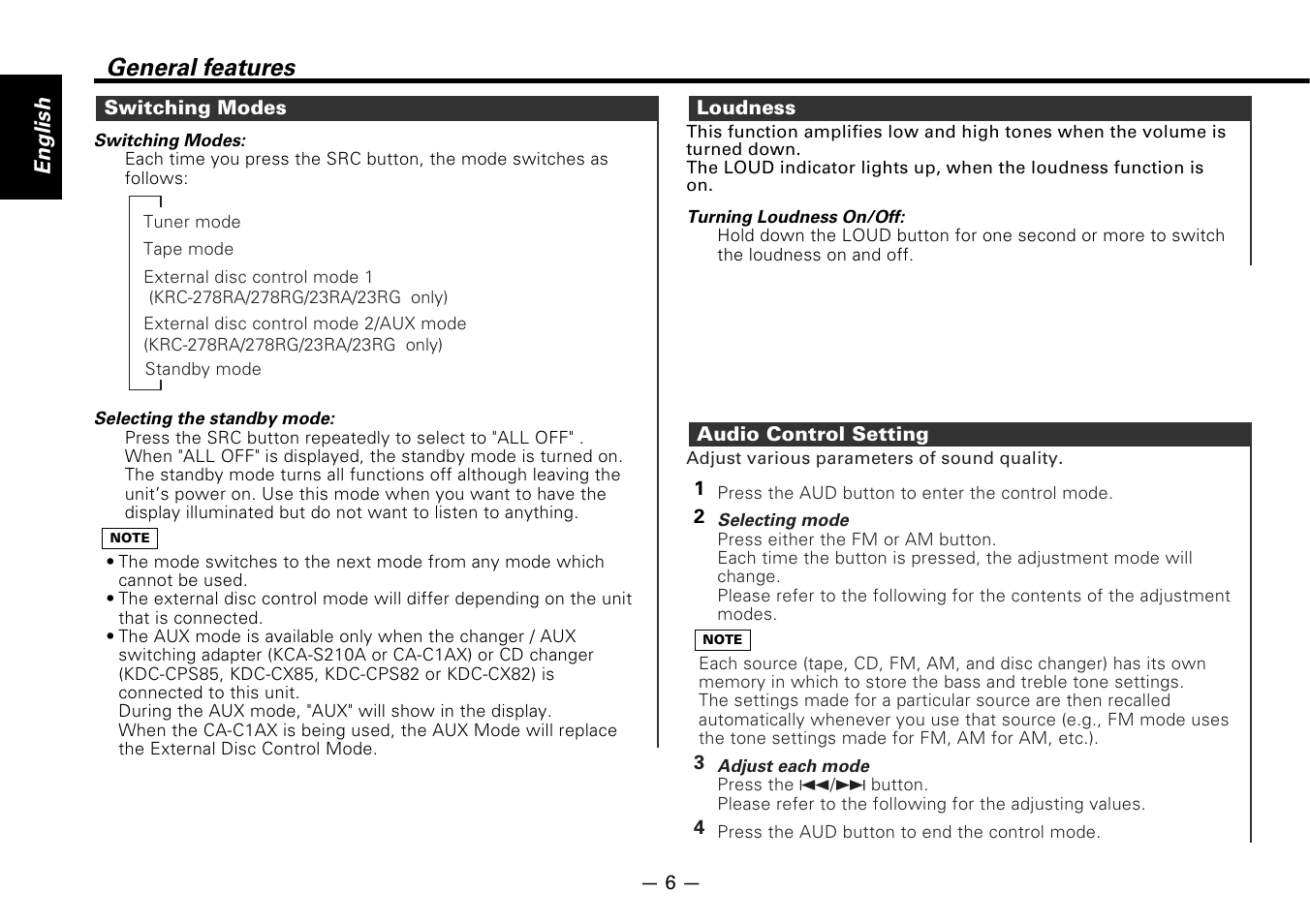 Switching modes, Loudness, Audio control setting | General features, English | Kenwood KRC-178RG User Manual | Page 6 / 32