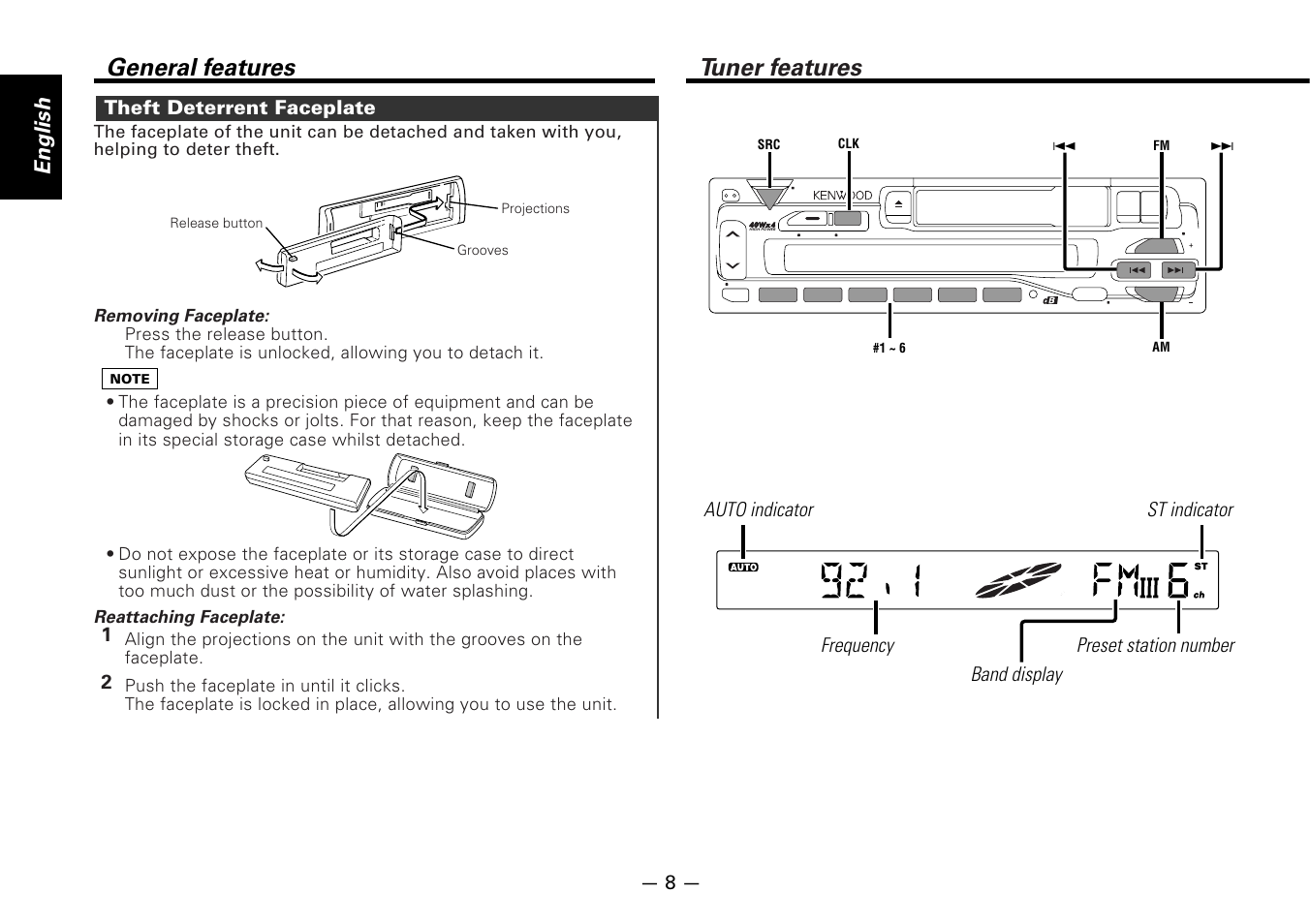 Theft deterrent faceplate, Tuner features, General features | English, Removing faceplate, Reattaching faceplate | Kenwood KRC-178RG User Manual | Page 8 / 32