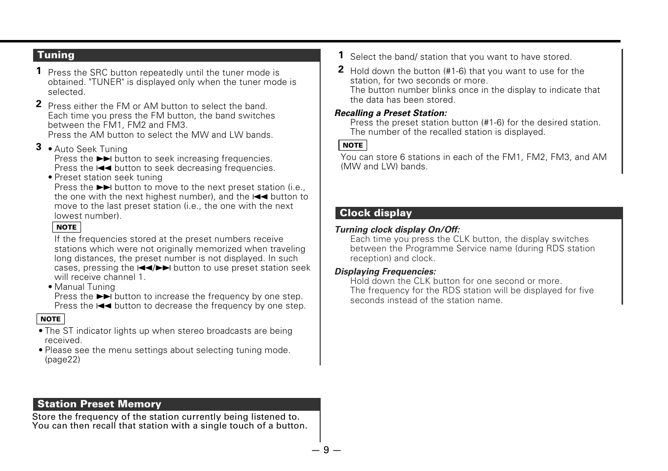 Tuning, Station preset memory, Clock display | Kenwood KRC-178RG User Manual | Page 9 / 32