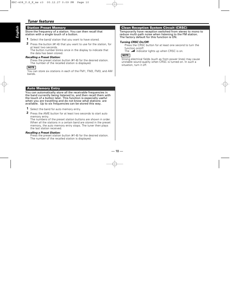 Station preset memory, Auto memory entry, Clean reception system circuit (crsc) | Tuner features | Kenwood KRC-38MR User Manual | Page 10 / 26