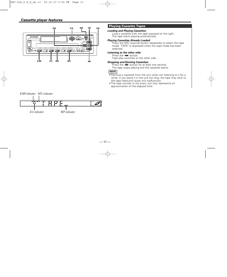 Cassette player features, Playing cassette tapes | Kenwood KRC-38MR User Manual | Page 11 / 26