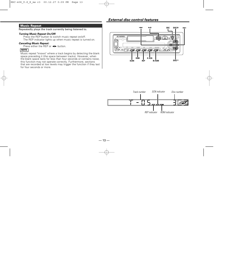 Music repeat, External disc control features, Music repeat — 13 | Kenwood KRC-38MR User Manual | Page 13 / 26