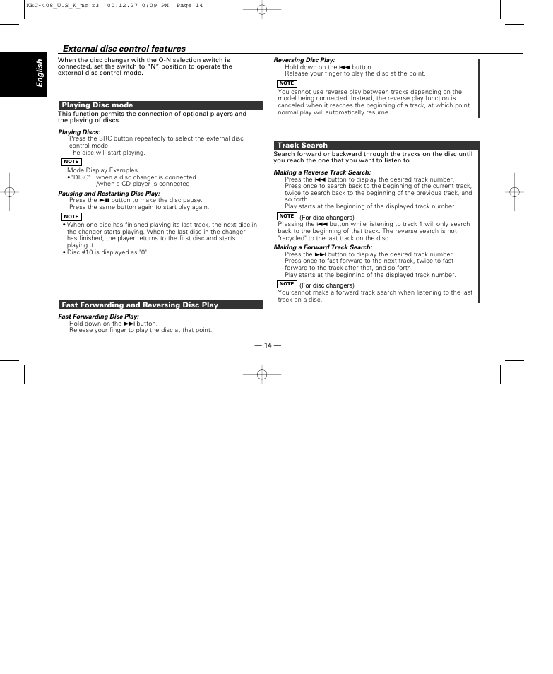 Playing disc mode, Fast forwarding and reversing disc play, Track search | External disc control features | Kenwood KRC-38MR User Manual | Page 14 / 26