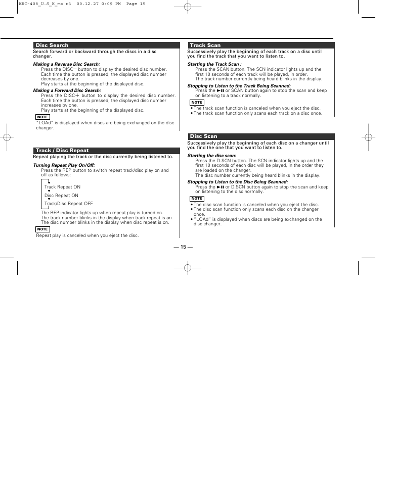 Disc search, Track / disc repeat, Track scan | Disc scan | Kenwood KRC-38MR User Manual | Page 15 / 26