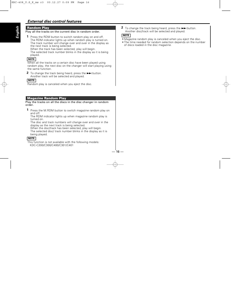 Random play, Magazine random play, External disc control features | Kenwood KRC-38MR User Manual | Page 16 / 26