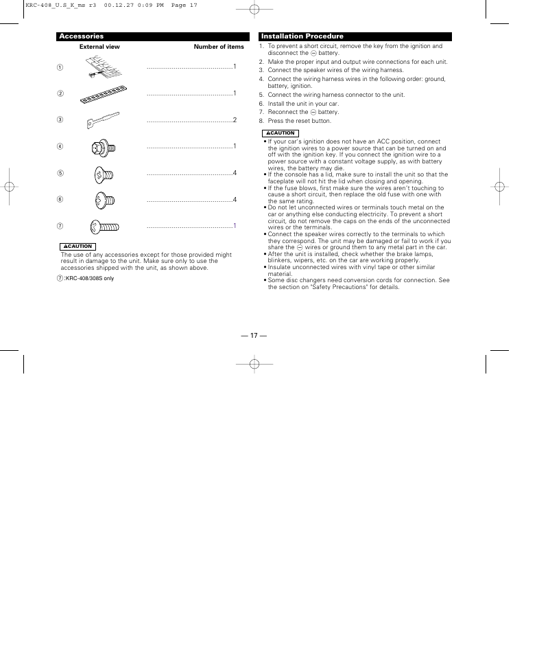 Installation, Accessories, Installation procedure | Kenwood KRC-38MR User Manual | Page 17 / 26