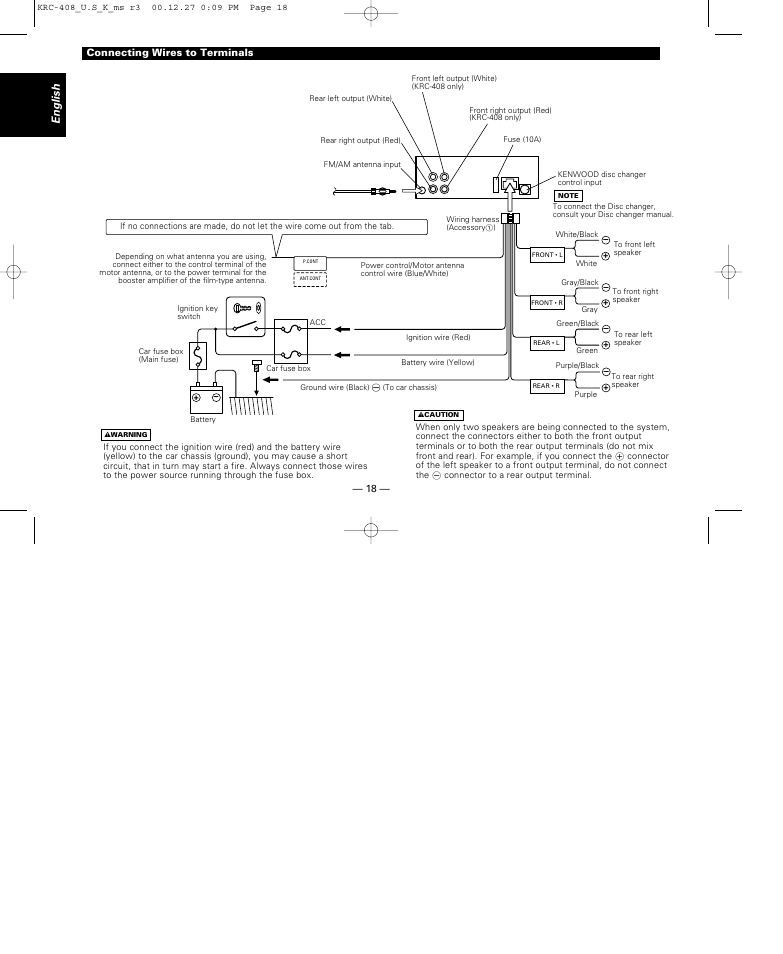 Connecting wires to terminals, English | Kenwood KRC-38MR User Manual | Page 18 / 26