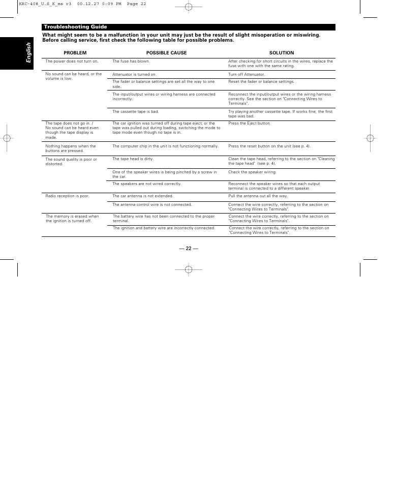 Troubleshooting guide, English | Kenwood KRC-38MR User Manual | Page 22 / 26