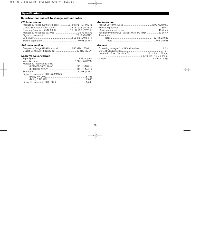 Specifications | Kenwood KRC-38MR User Manual | Page 25 / 26