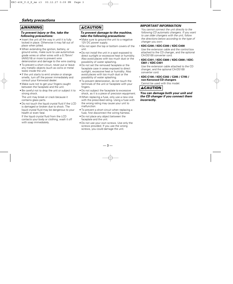 Before use, Safety precautions | Kenwood KRC-38MR User Manual | Page 3 / 26