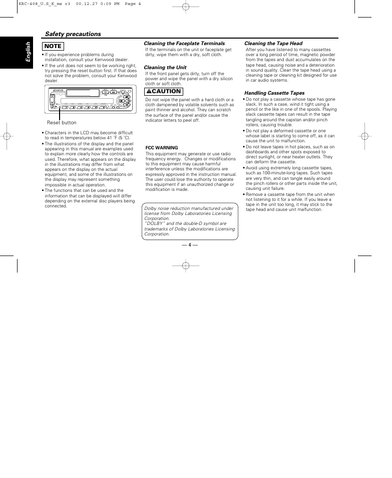 Safety precautions, English, 2 caution | Cleaning the faceplate terminals, Cleaning the unit, Cleaning the tape head, Handling cassette tapes, Reset button | Kenwood KRC-38MR User Manual | Page 4 / 26