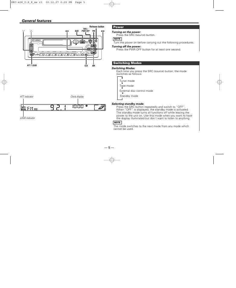 General features, Power, Switching modes | Kenwood KRC-38MR User Manual | Page 5 / 26