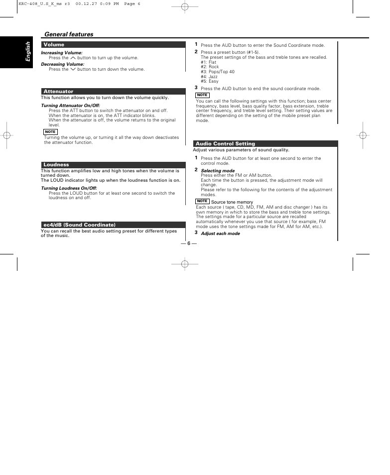 Volume, Attenuator, Loudness | Ec4/db (sound coordinate), Audio control setting, General features | Kenwood KRC-38MR User Manual | Page 6 / 26