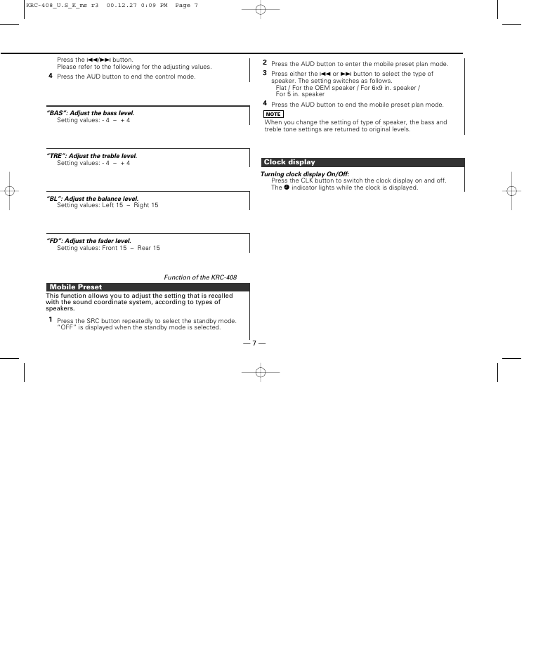 Mobile preset, Clock display | Kenwood KRC-38MR User Manual | Page 7 / 26