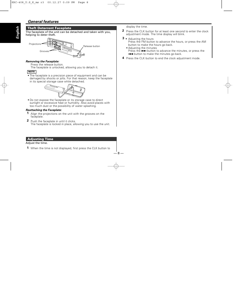 Theft deterrent faceplate, Adjusting time, General features | Kenwood KRC-38MR User Manual | Page 8 / 26