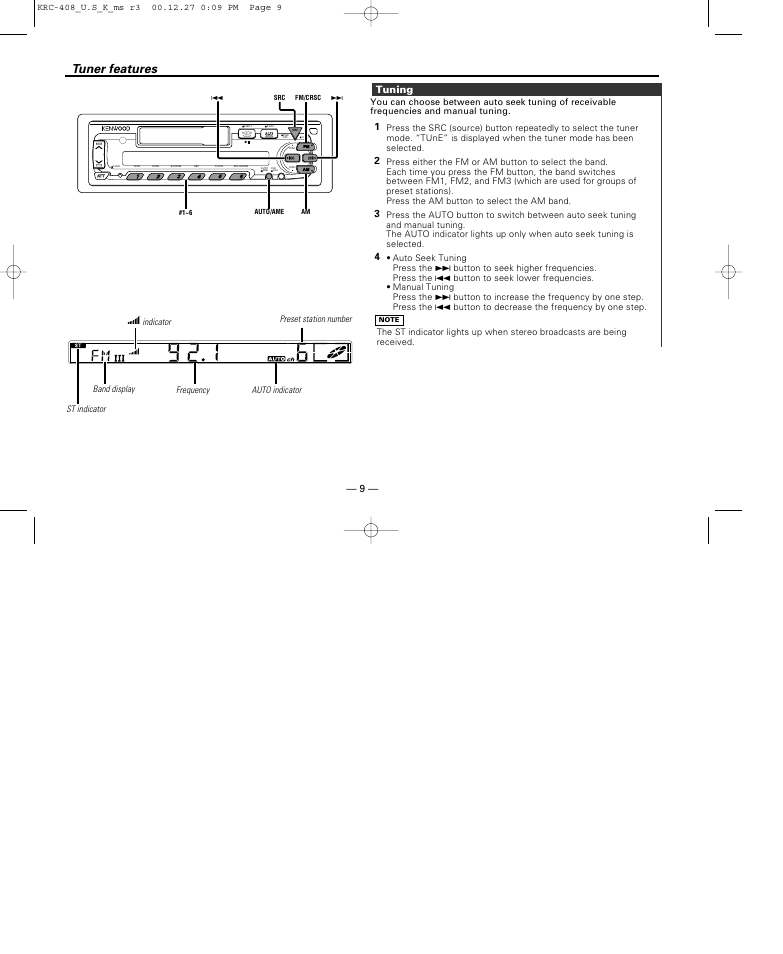 Tuner features, Tuning, 43 2 1 tuning | Kenwood KRC-38MR User Manual | Page 9 / 26