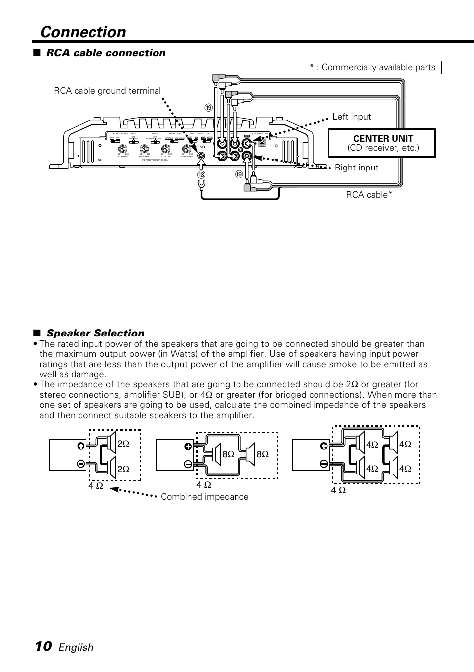 Connection, Rca cable connection, English | Speaker selection, Rca cable | Kenwood KAC-X650D User Manual | Page 10 / 44
