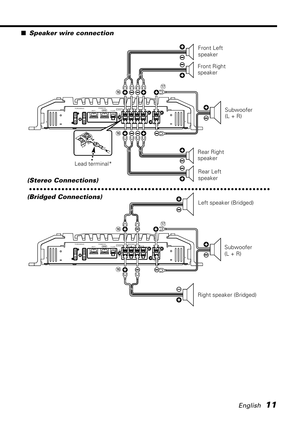 English, Speaker wire connection, Stereo connections) | Bridged connections), Lead terminal, Rear left speaker rear right speaker | Kenwood KAC-X650D User Manual | Page 11 / 44