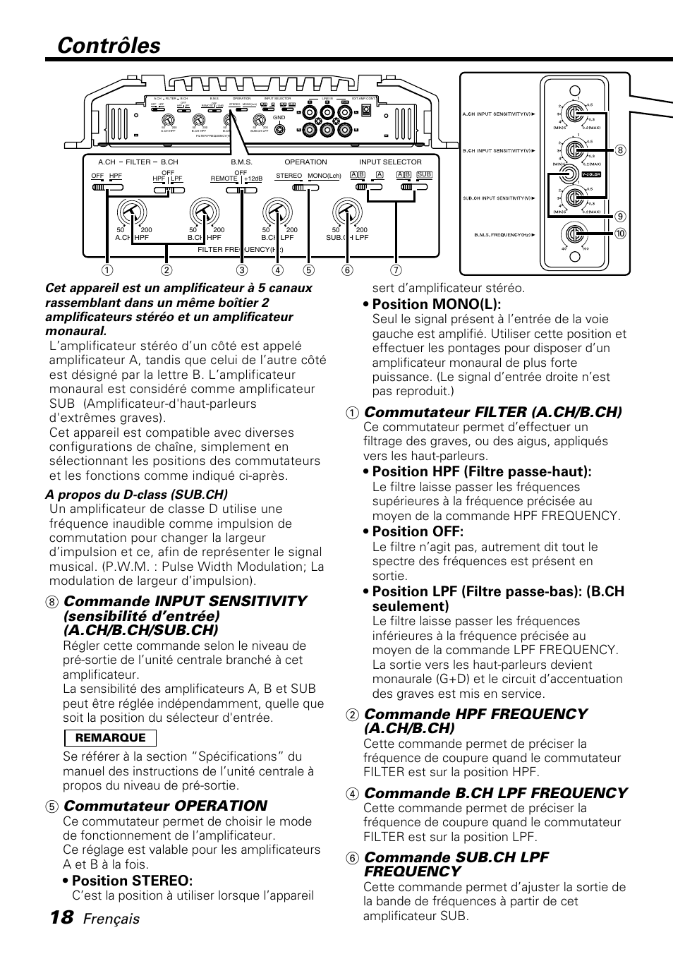 Contrôles, 5 commutateur operation, Position stereo | Position mono(l), 1 commutateur filter (a.ch/b.ch), Position hpf (filtre passe-haut), Position off, Position lpf (filtre passe-bas): (b.ch seulement), 2 commande hpf frequency (a.ch/b.ch), 4 commande b.ch lpf frequency | Kenwood KAC-X650D User Manual | Page 18 / 44