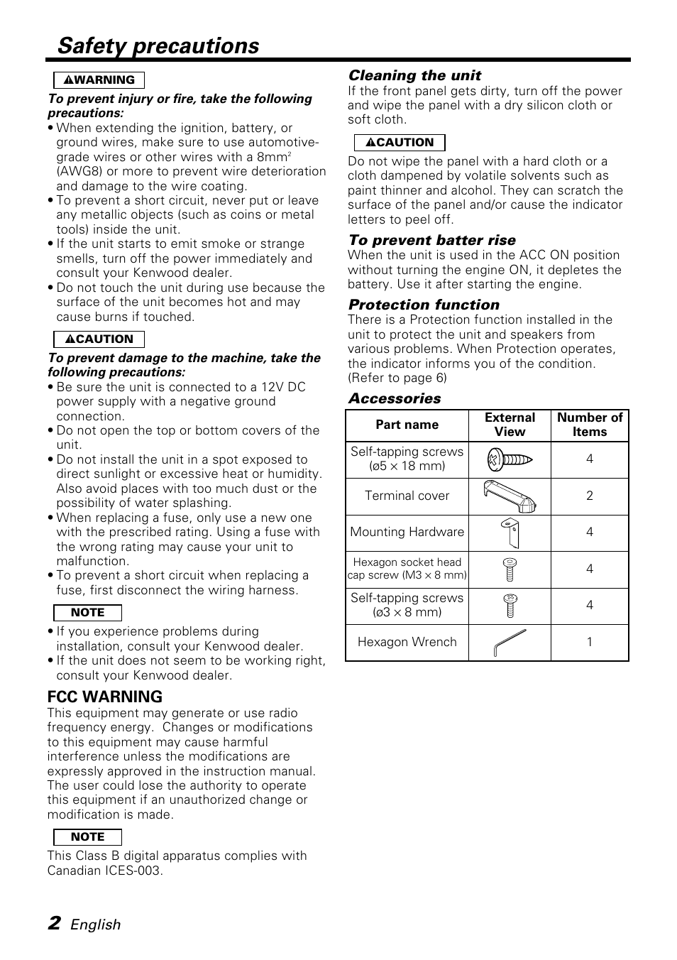 Safety precautions, Fcc warning | Kenwood KAC-X650D User Manual | Page 2 / 44