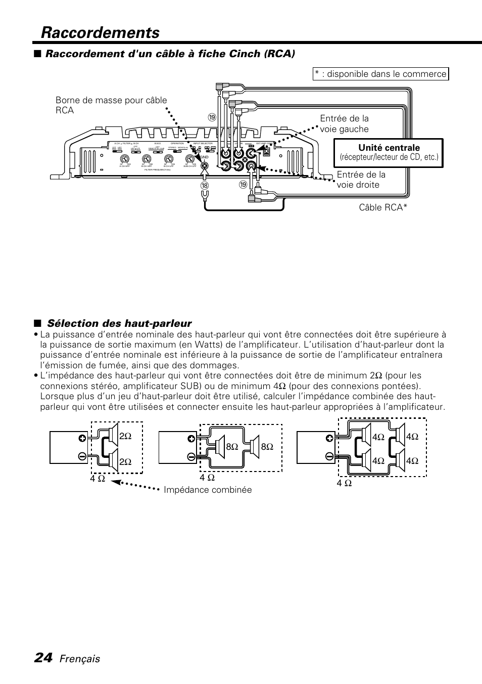 Raccordements, Frençais, Sélection des haut-parleur | Raccordement d'un câble à fiche cinch (rca), Câble rca, Unité centrale (récepteur/lecteur de cd, etc.) | Kenwood KAC-X650D User Manual | Page 24 / 44