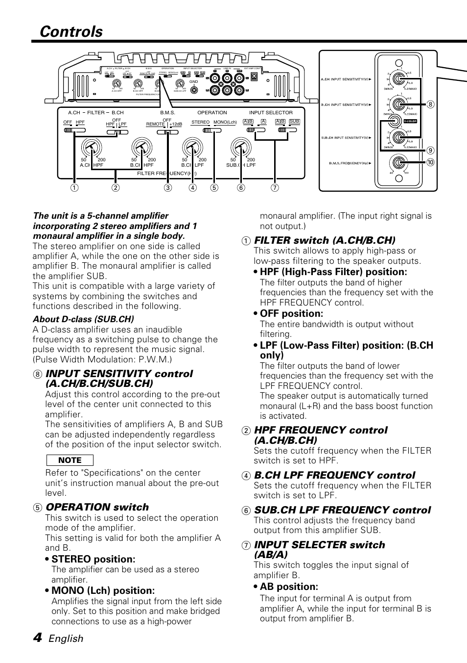 Controls, English, 8 input sensitivity control (a.ch/b.ch/sub.ch) | 5 operation switch, Stereo position, Mono (lch) position, 1 filter switch (a.ch/b.ch), Hpf (high-pass filter) position, Off position, Lpf (low-pass filter) position: (b.ch only) | Kenwood KAC-X650D User Manual | Page 4 / 44