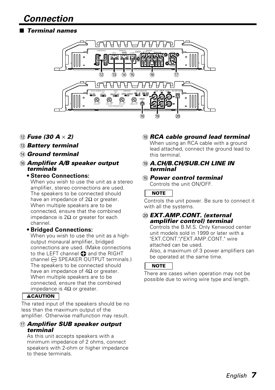 Connection, English, Bridged connections | Amplifier sub speaker output terminal, Rca cable ground lead terminal, Terminal names | Kenwood KAC-X650D User Manual | Page 7 / 44